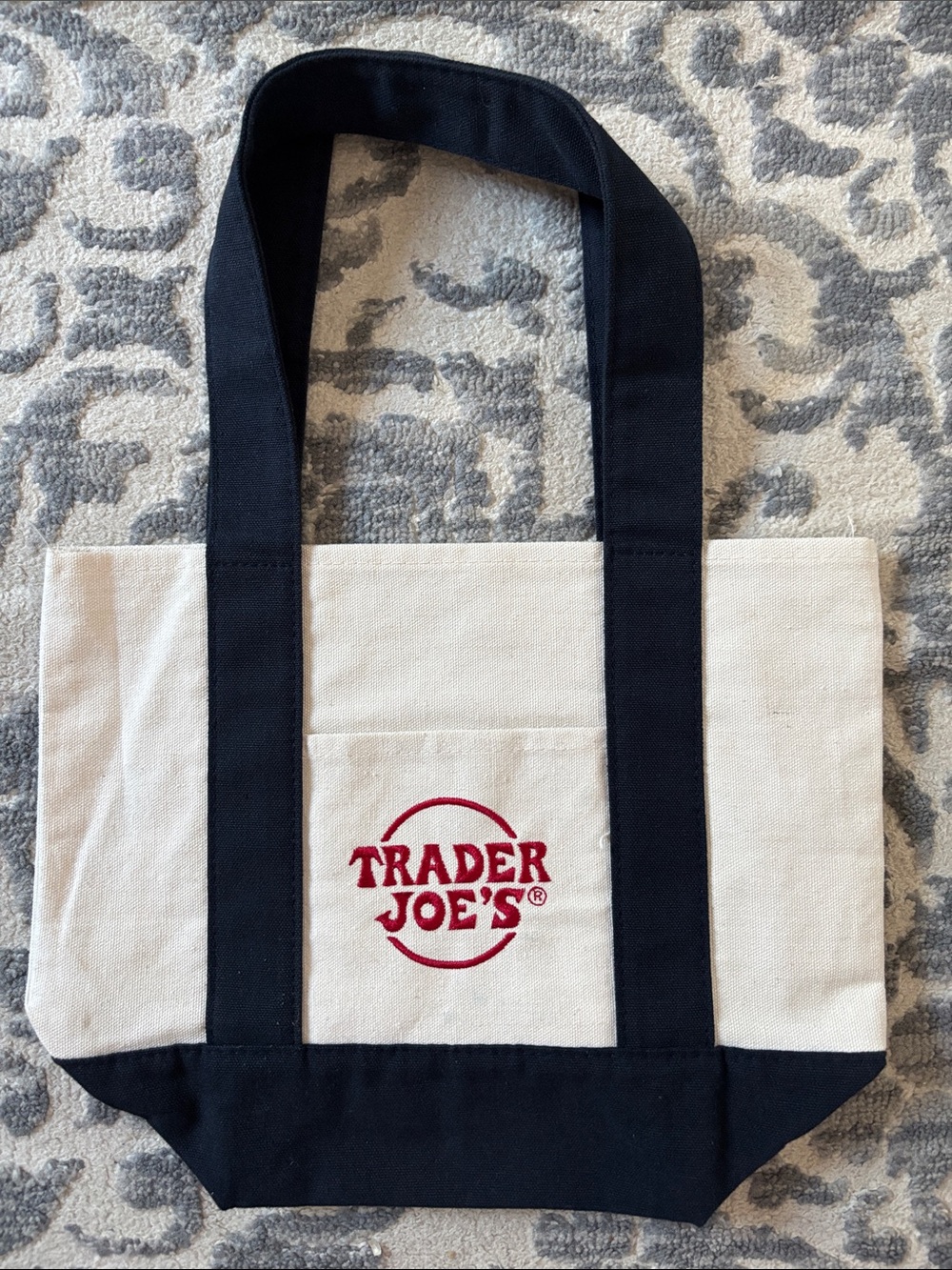 Trader Joe's Canvas Tote Bag in White and Black with Red Logo